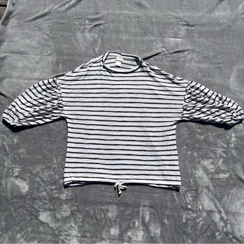 Daytrip Top Womens Large Striped White Black Balloon Sleeves Tie Waist Hem Soft